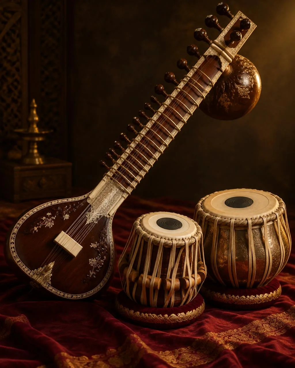 Sitar and tabla on maroon fabric